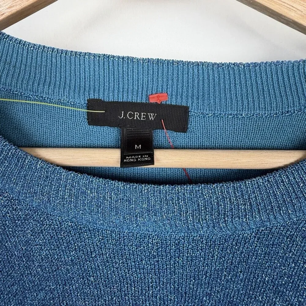 J.CREW Crew Neck Raglan Sweater Womens M Blue Metallic Shimmer Side Slit Preppy